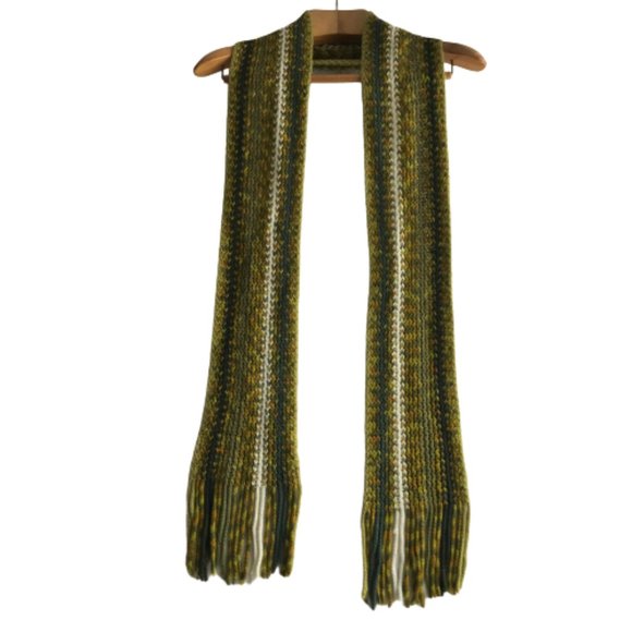 Green Orange White Knitted Fringe Striped Scarf - Picture 5 of 6
